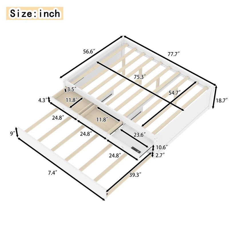 Platform Bed with Trundle, 2 Storage Drawers and Built In Power Strip, Solid Wood Bed Frame