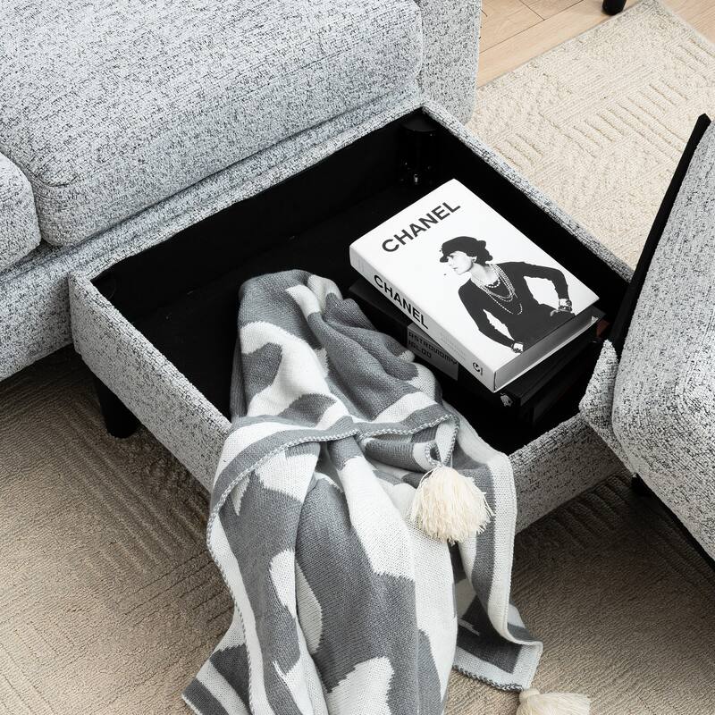 Convertible L-Shaped 3-Seater Sofa with Footstools and Storage, White+Black Metal Sofa for Living Room/Small Space