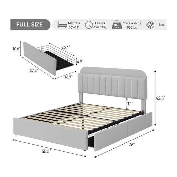 dimension image slide 11 of 13, Garvee Bedroom Boucle Platform Bed Frame, Storage Headboard, 2 Drawers