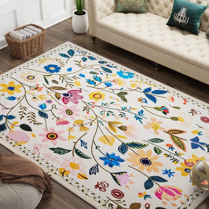 Nature Floral Non-Slip Machine Washable Colorful Modern Area Rug - Rectangle 5' x 8' - White