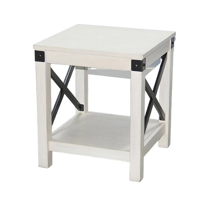 Sime Side End Table w Shelf, X Panel, 20 Inch Square Off White Wood