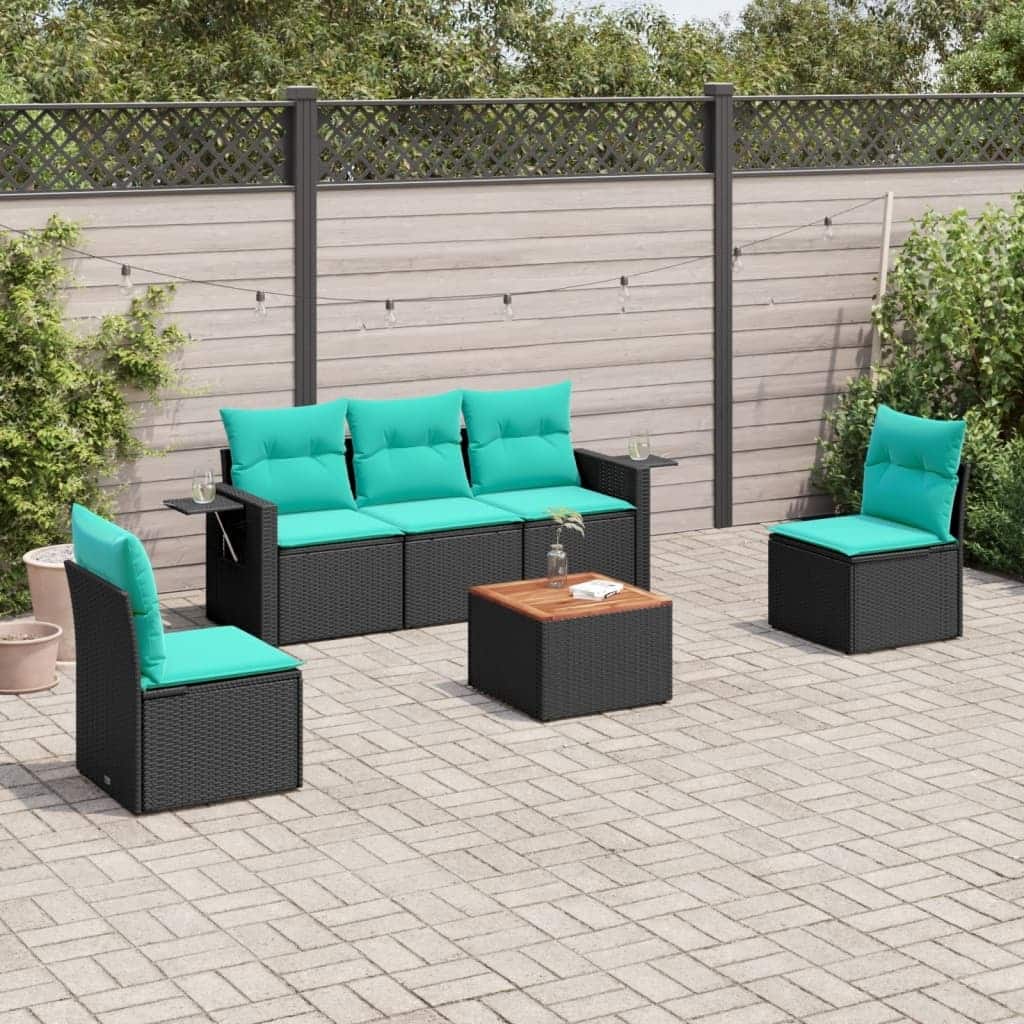 vidaXL 6 Piece Patio Sofa Set with Cushions Black Poly Rattan - 21.7x24.4x27.2