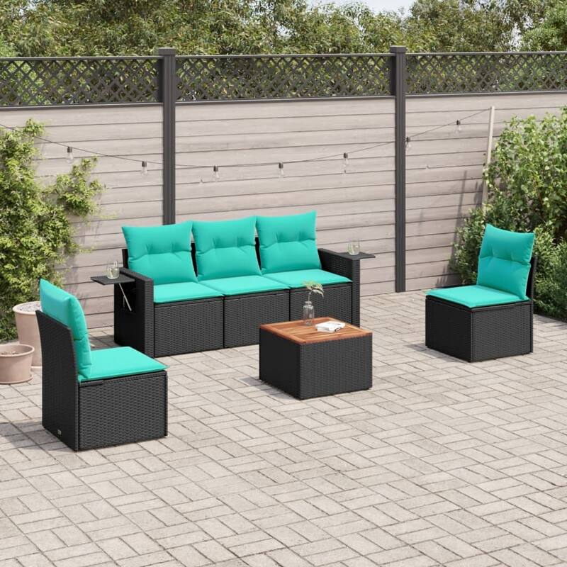 vidaXL 6 Piece Patio Sofa Set with Cushions Black Poly Rattan - 21.7x24.4x27.2