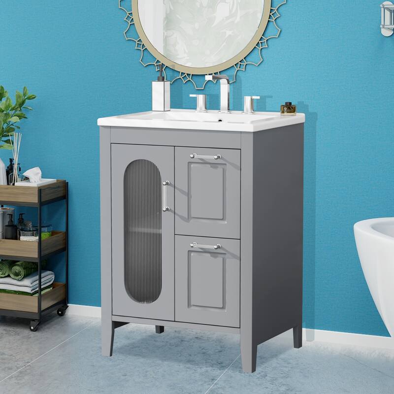 24" Bathroom Vanity with Sink, Bathroom Vanity Cabinet with Two Drawers and Door, Adjustable Shelf, Solid Wood and MDF - Grey