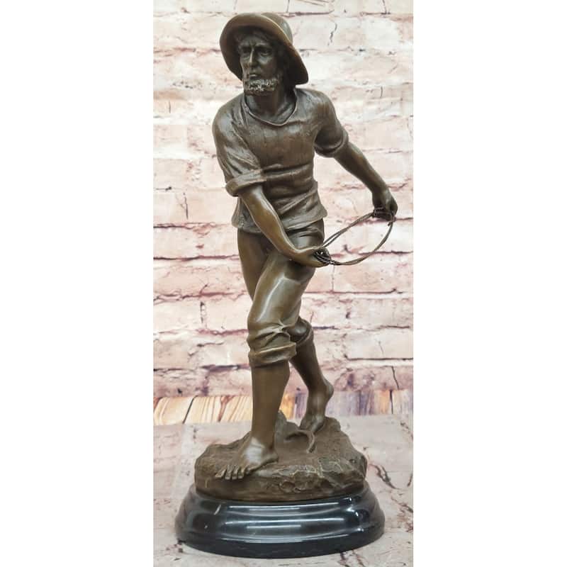 Bronze Imitative Fisherman With Net – Nautical-Themed Sculpture On Marble Base