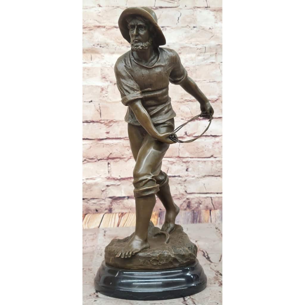 Bronze Fisherman With Net – Nautical-Themed Sculpture On Marble Base