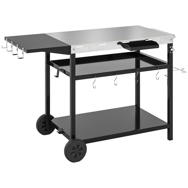 Stainless Steel Outdoor Serving Cart with Folding Side Table, Wheels, Shelves, Hooks, Spice Rack, Bottle Opener