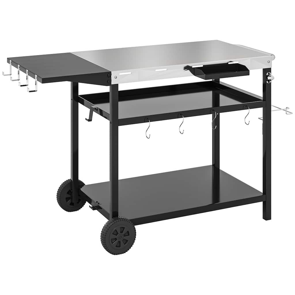 Stainless Steel Outdoor Serving Cart with Folding Side Table, Wheels, Shelves, Hooks, Spice Rack, Bottle Opener