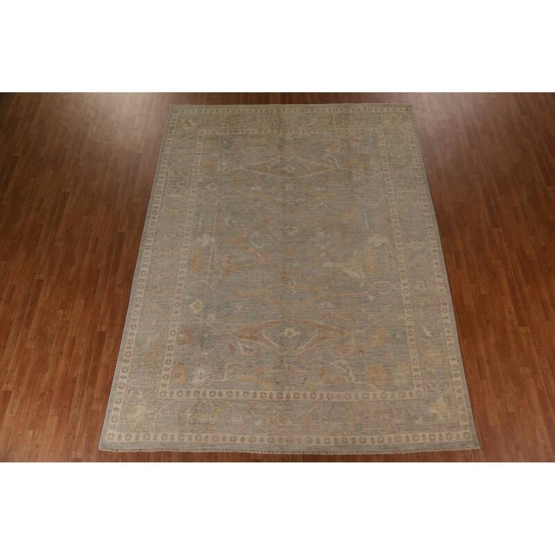 Floral Oushak Turkish Rug Hand-knotted Grey Wool Carpet - 9'1"x 12'0"