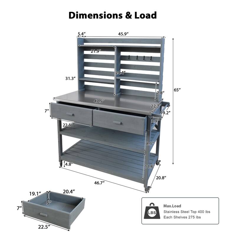 Outdoor Potting Bench Table with Lockable Wheels Solid Wood Kitchen Island and Stainless Steel Top
