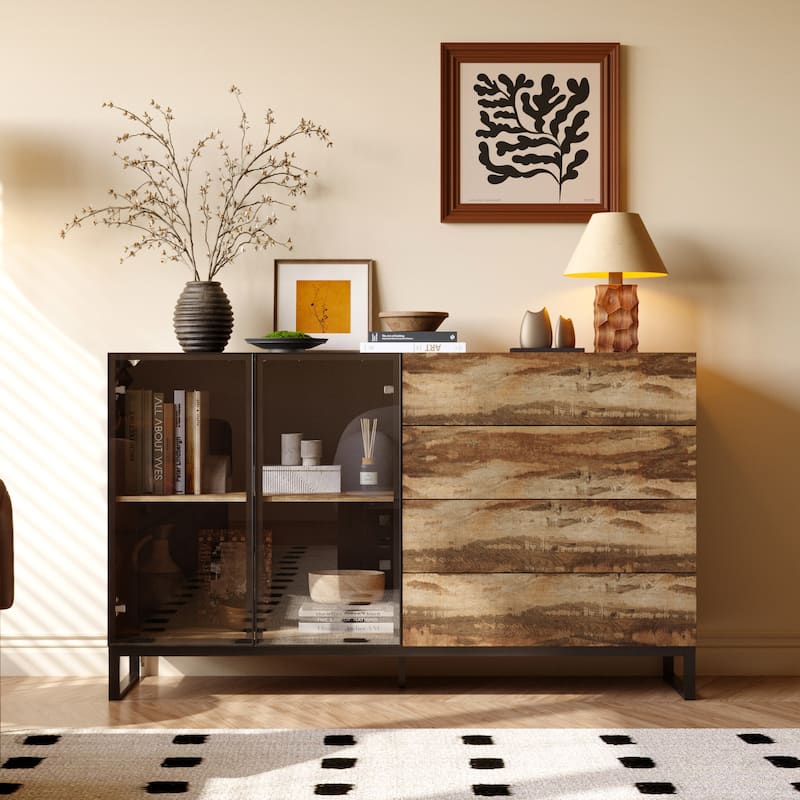 Bookshelves Sideboard Cabinet with Glass Doors and Rustic Wood Drawers 63" Credenza Storage Cabinet