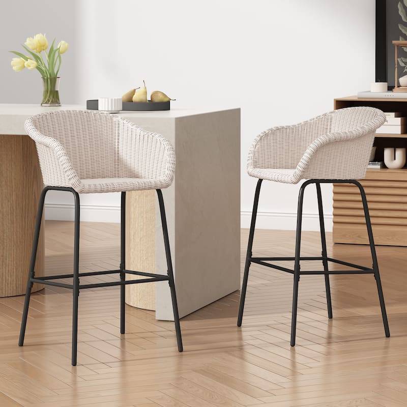 Christopher Knight Home- Stekar Outdoor Metal Wicker Barstool Set of 2 - Light Gray