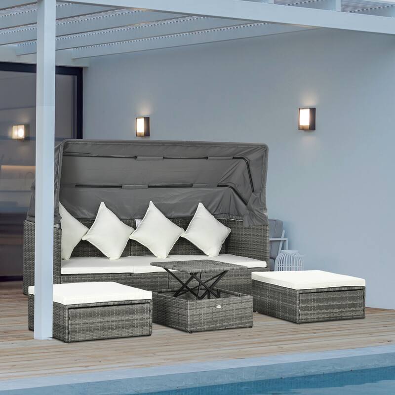 Outsunny 4 Piece Patio Furniture Set with Cushions, PE Rattan Daybed with Retractable Canopy, Outdoor Sectional Sofa Set - Cream White
