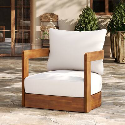 Roomfitters Outdoor Club Chair, Premium Acacia Wood Patio Furniture with Curved Tub Design and Cushions, Beige+Teak