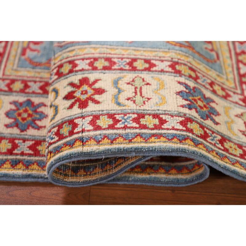 Light Blue Kazak Accent Rug Hand-Knotted Geometric Wool Carpet - 3'4"x 4'11"