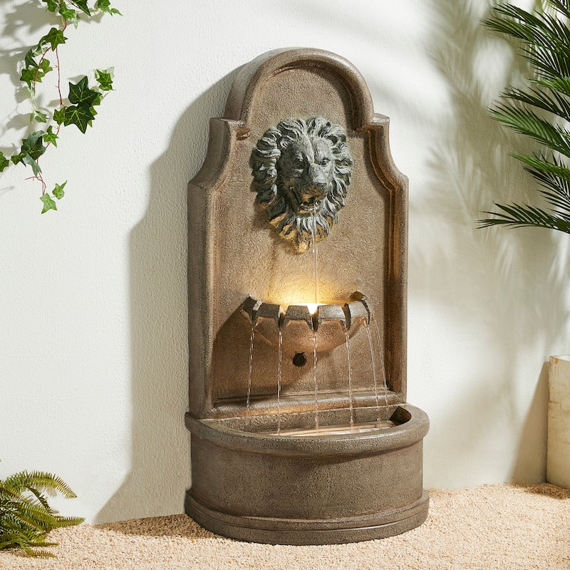 Glitzhome 31.75"H Oversized 3-Tier Lion Head LED Outdoor Floor Fountain - Brown