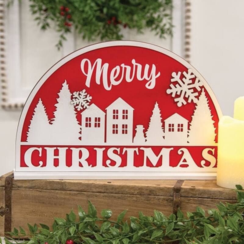 Red White Wooden Merry Christmas Village Sign with Snowflake Decor - 13 x 2 x 8.50 in.