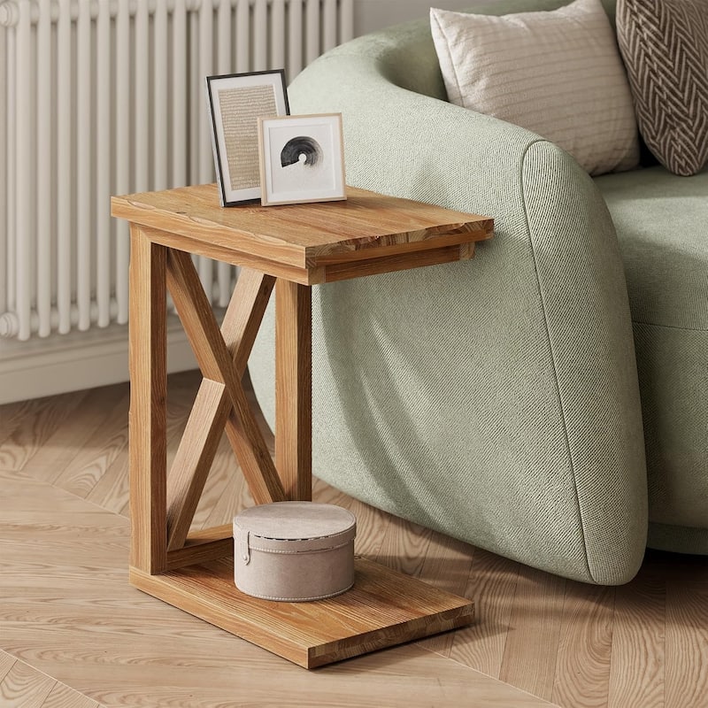 C Shaped Solid Wood Side Table, 2-Tier Open Storage End Table, Modern Accent Table & Nightstand for Living Room Bedroom - Brown