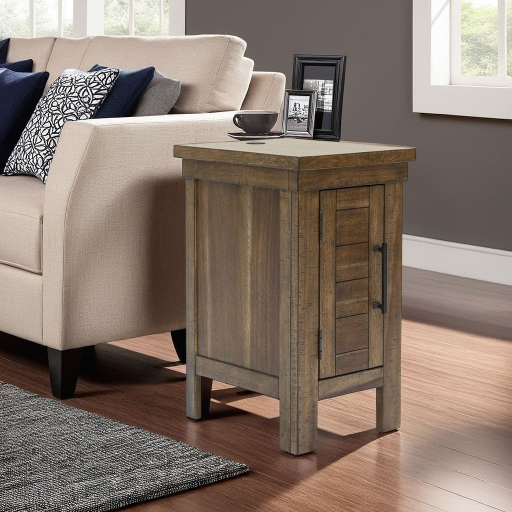 Chip Chairside End Table, Cabinet, 2 USB Ports, 17 Inch Brown Wood