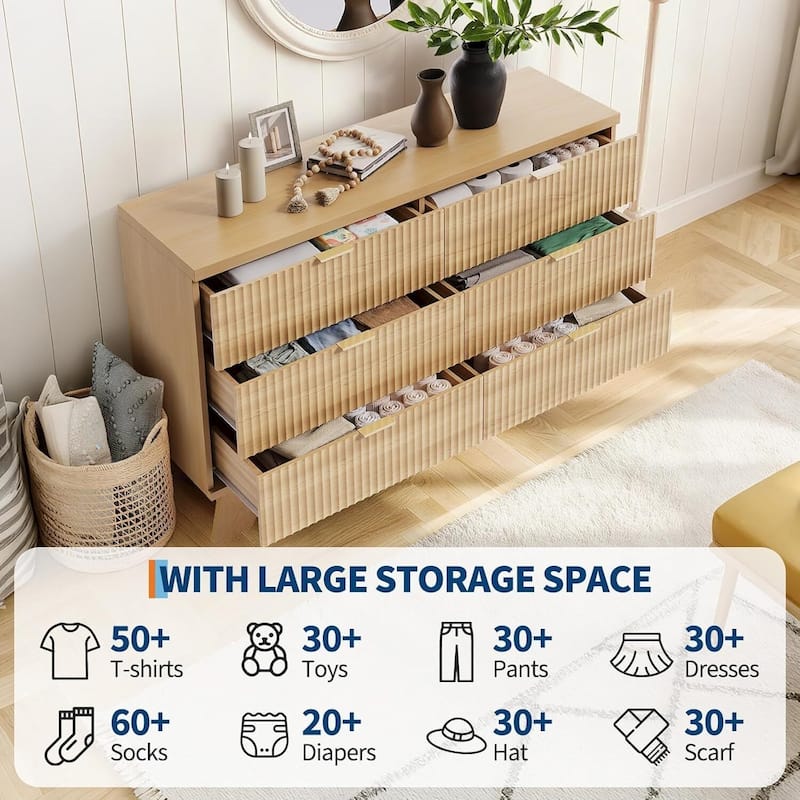 6 Drawer Fluted Dresser for Bedroom, Living Room, Hallway, Entryway