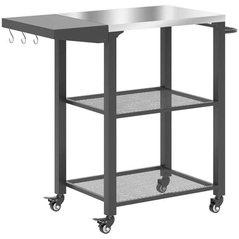 Silver and Black Stainless Steel Grill Cart with Foldable Side Table, Hooks, Grid Shelves - 31.5" L x 16.1" W x 31.1" H