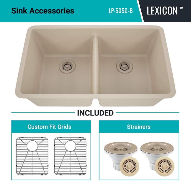 Lexicon Granite 32 Inch 50/50 Double Bowl Undermount Kitchen Sink Kit