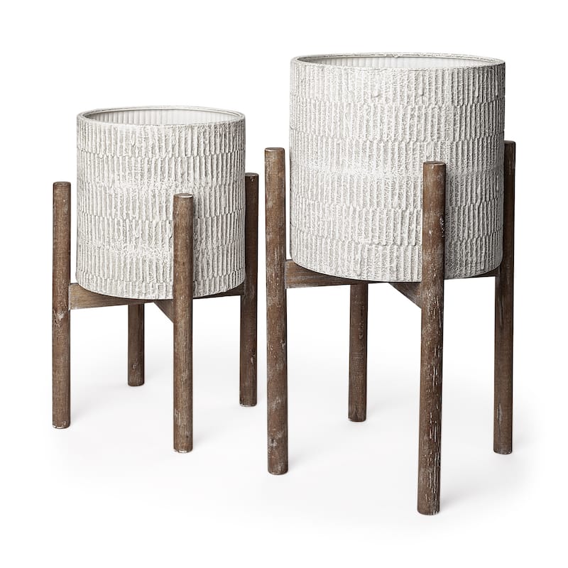 HomeRoots Set of Two Cream And Brown Ceramic And Wood Round Elevated Planters - 15.00 in. x 23.00 in. x 15.00 in.