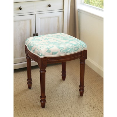 Aqua Tuscan Floral Vanity Stool with wood stained finish