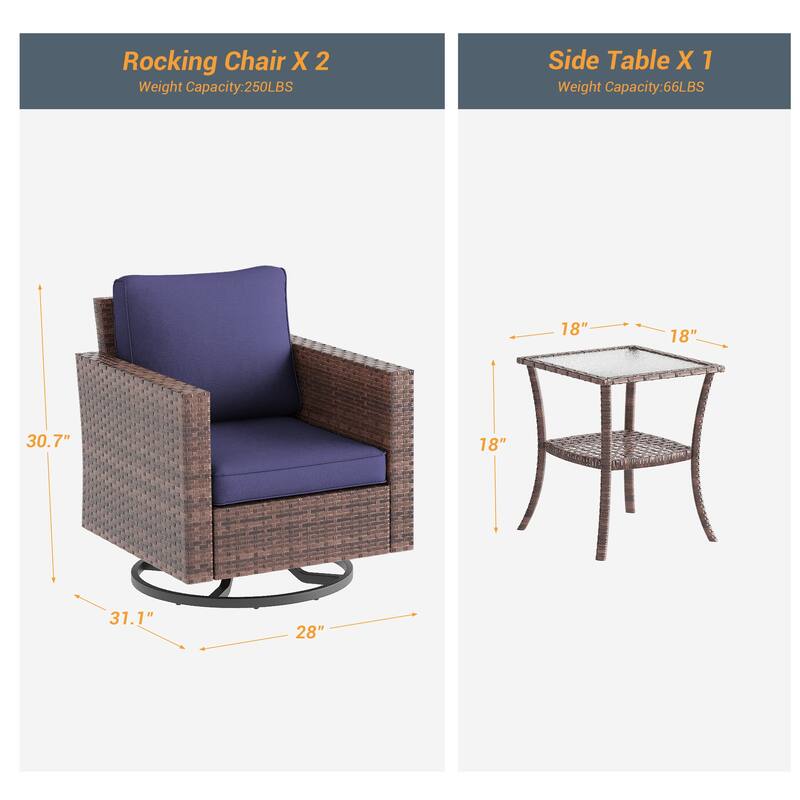 LIVOOSUN 3-Piece Patio Sofa Set Outdoor Rattan Swivel Rocking Chair Glass Table