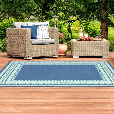 Style Haven Martinque Green Bordered Navy Indoor/ Outdoor Area Rug~
