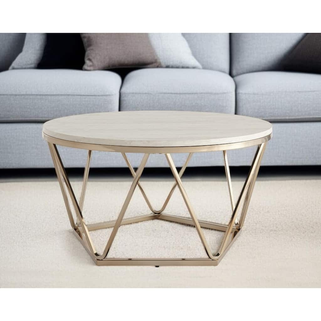 HomeRoots 33" Champagne Solid Manufactured Wood And Metal Round Coffee Table - 17.75" H x 33" W x 33" D