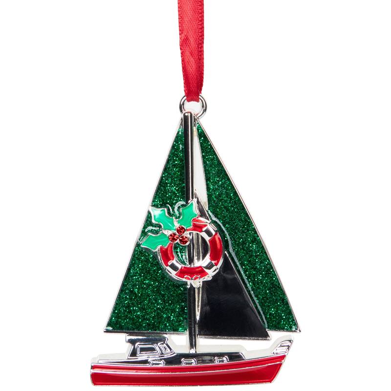Sailboat with Holly Life Preserver Christmas Ornament - 3.25"