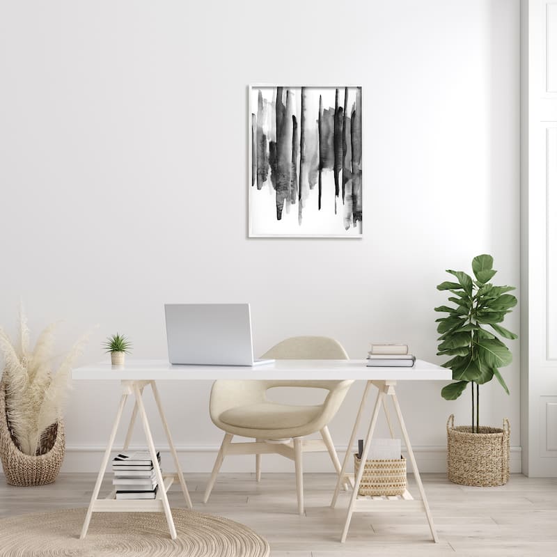 Stupell Vertical Black Ink Strokes Abstract Watercolor Over White Framed Wall Art