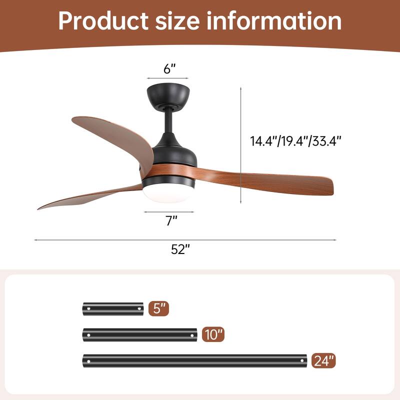 52" Ceiling Fan with LED Light, Remote Control,3 ABS Blades - Brown