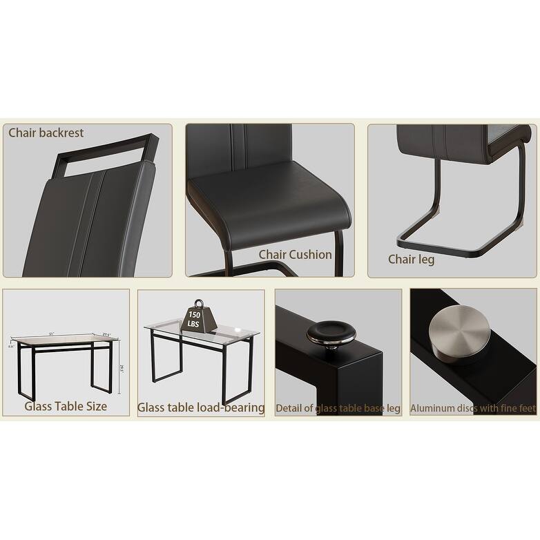 Glass 5-Piece Dining Table Set with 4 PU Upholstered Chairs