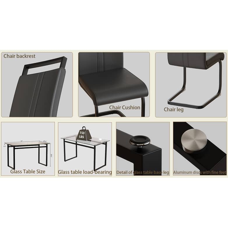 Modern 5-Piece Dining Set with Rectangular Glass Table & High Back Metal C-shaped Tube Chairs
