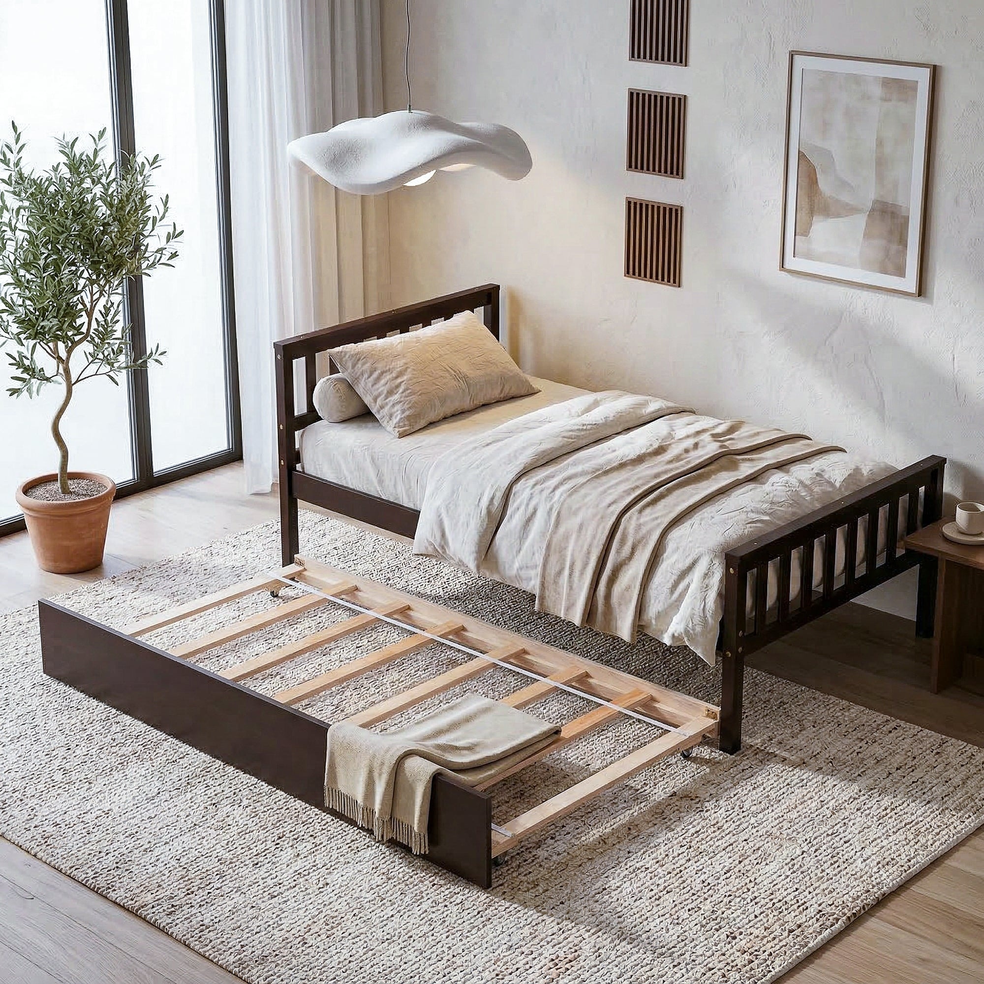 Javlergo Set of 2 Twin Bed with Trundle Pine Wood Platform Bed Frame with Headboard Footboard No Box Spring Needed
