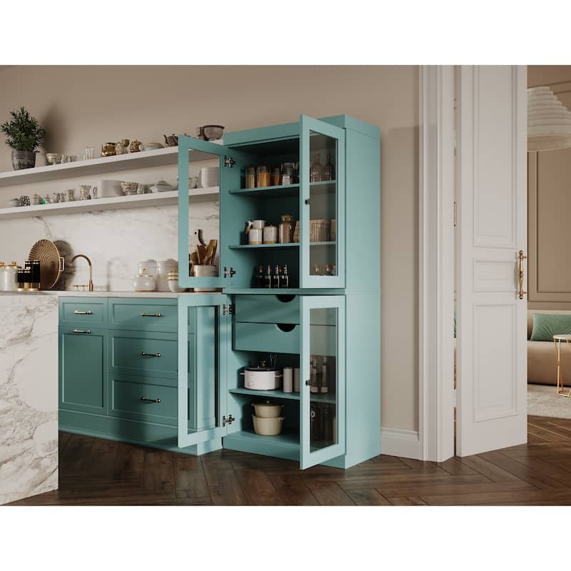 Palace Imports 100% Solid Wood Pantry Cabinet with Frosted, Clear Glass or Solid Doors, 2-Drawers and Adjustable Shelves