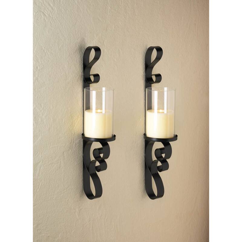 Ornate Candle Wall Sconces - 17.5" - Black and Clear - Set of 2
