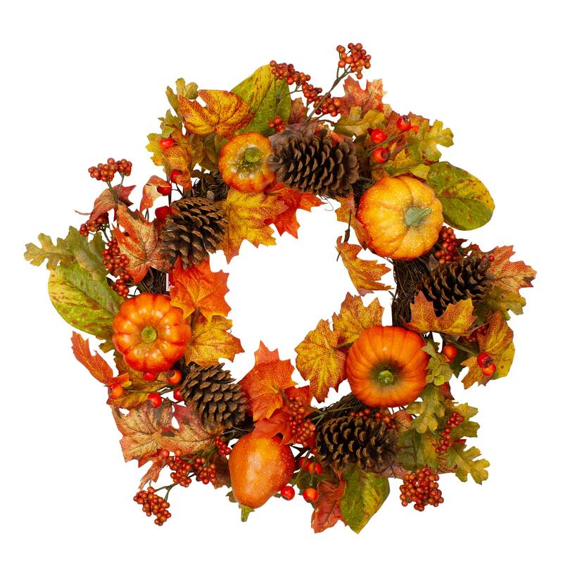 Orange Pumpkins Pine Cones Berries Fall Harvest Wreath - 24 inch Unlit