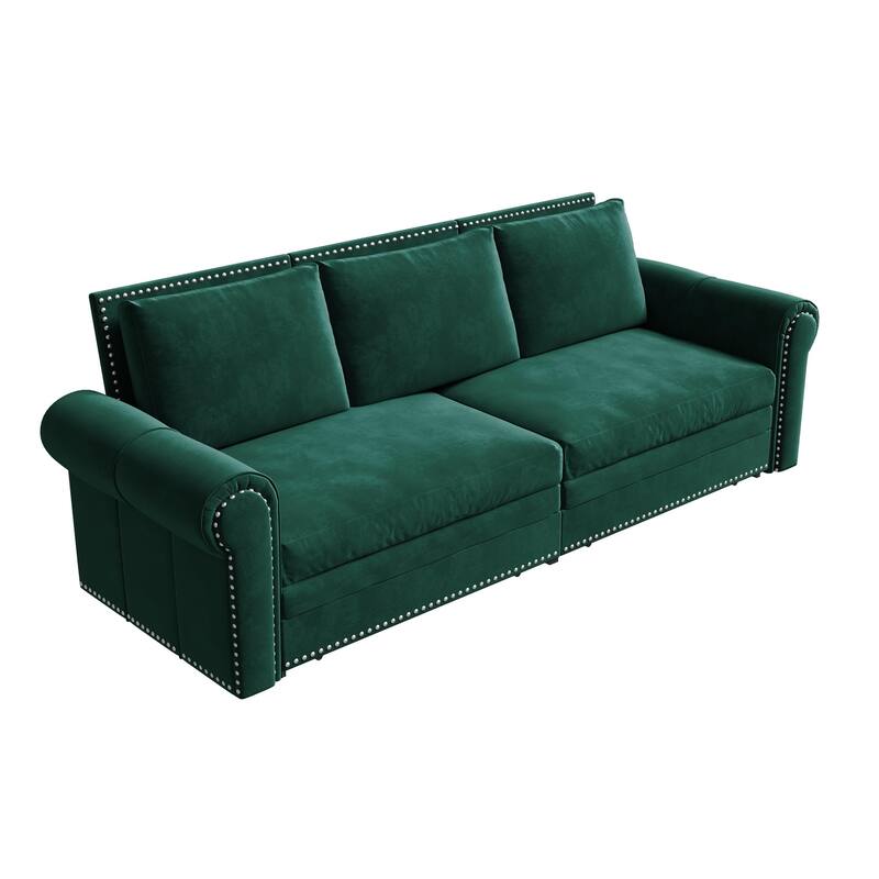 93.7" Chesterfield Couch, Pull Out Sofa Bed 3-in-1 Velvet Convertible Sleeper Sofa w/Nailhead Trim & 3 Pillows, for Living Room