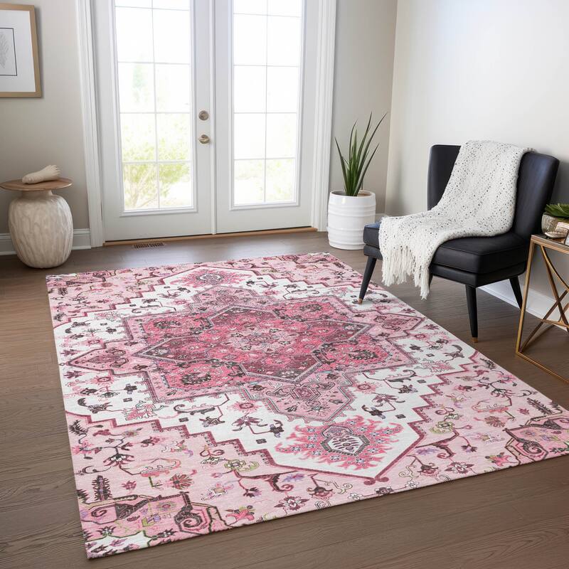 Machine Washable Indoor/ Outdoor Persian Traditional Chantille Rug - Pink - 3' x 5'