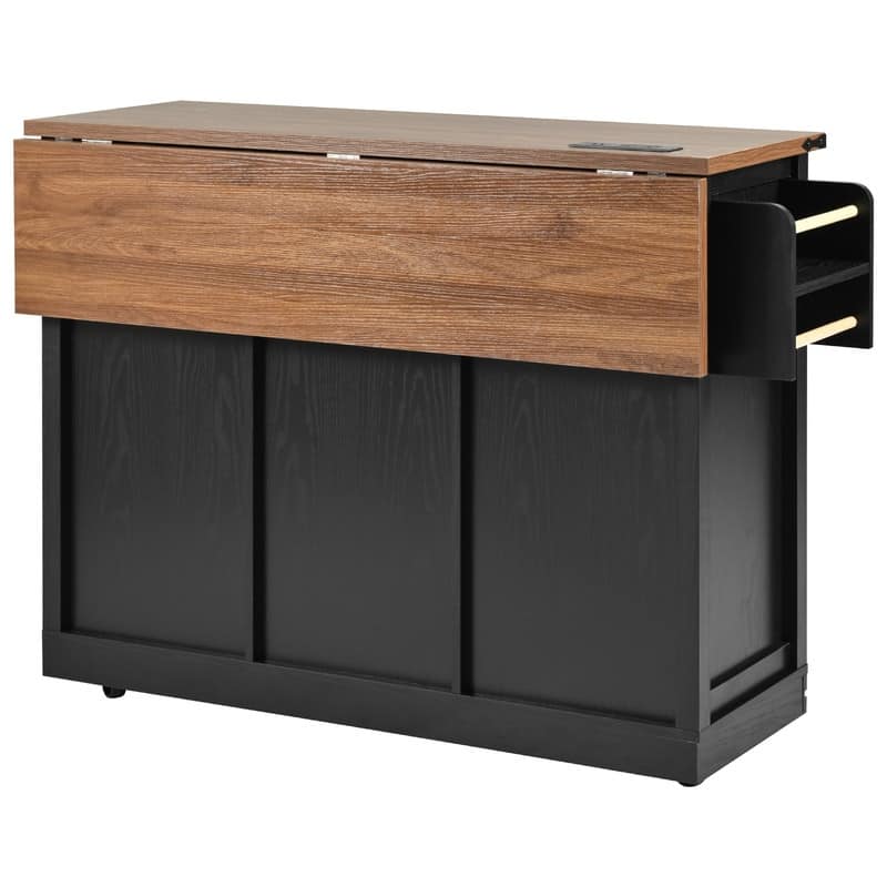 Farmhouse Kitchen Island with Power Outlet, Kitchen Storage Island with Drop Leaf, Spice Rack and Drawer, Wheels