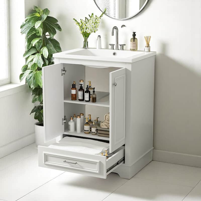 24 Inch Bathroom Vanity with Sink, Solid Wood Frame Cabinet with Adjustable Shelf, Ceramic Top, Silver Handles