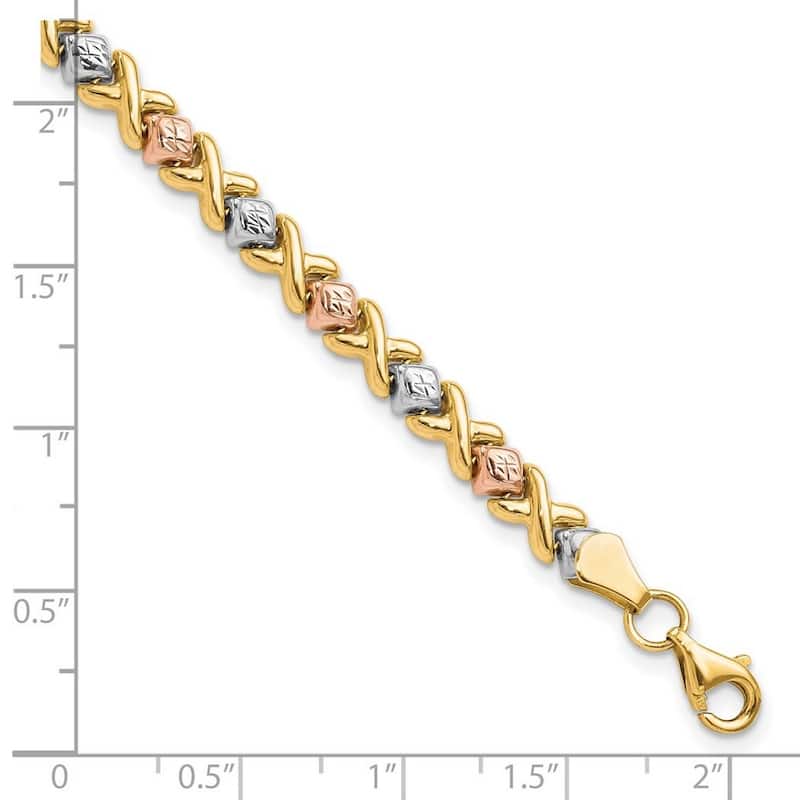 Curata 10k Tri color Gold 7" Diamond Cut XO Stampato Bracelet