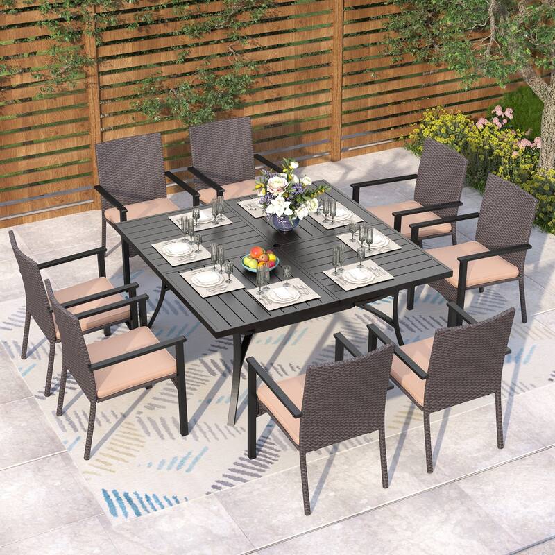 MAISON ARTS 9 Pieces Patio Dining Set, 60 Inch Square Metal Table and Rattan Dining Chairs - Beige