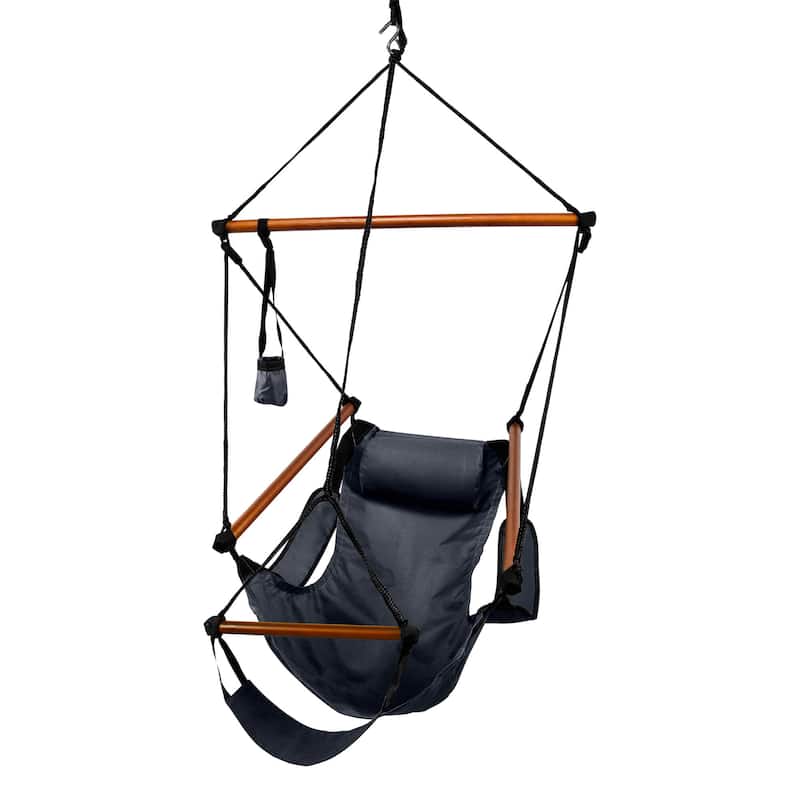 Deluxe Hanging Wood Zero-gravity Hammock Chair with Cup Holder - Jet Black