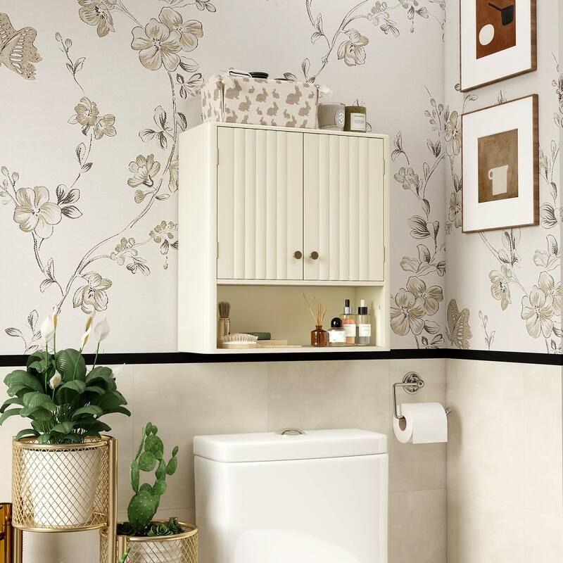 Gymax Bathroom Wall Cabinet w/Fluted Doors Adjustable Shelf Open