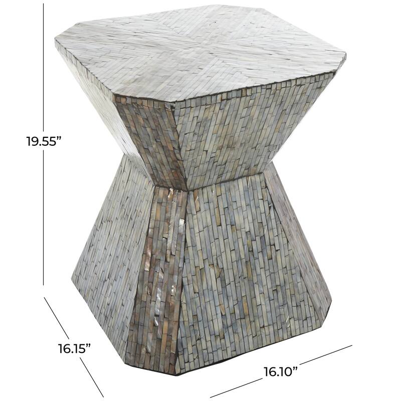 Mother of Pearl Shell Geometric Handmade Hourglass Side End Accent Table with Linear Mosaic Pattern - Gray - Roche River Decor