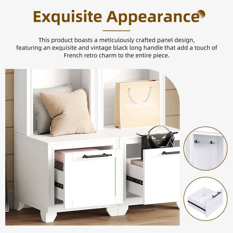 Modern Freestanding Coat Rack Set, Multi-Functional 3-in-1 Coat Rack with Bench, 2 Drawers and Hooks, for Hallways